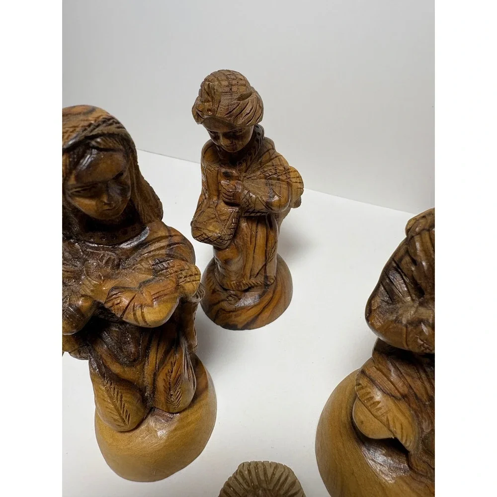 Vintage Hand Carved Olive Wood Nativity 10 Piece Set Christmas Creche Figures